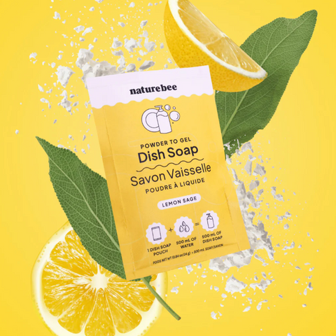 Naturebee dish soap packet with lemon slices and leaves on a yellow background