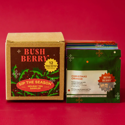 Tea packaging with a red background and product description text.