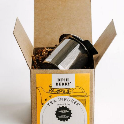 Tea infuser in a cardboard box with 'Bush Berry' branding on a white background.