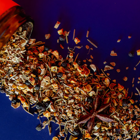 Spices on a blue background with product description text.