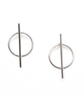 Pair of silver earrings with circular and vertical bar designs on a white background
