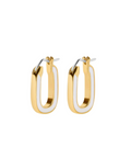 Gold and white hoop earrings on a white background