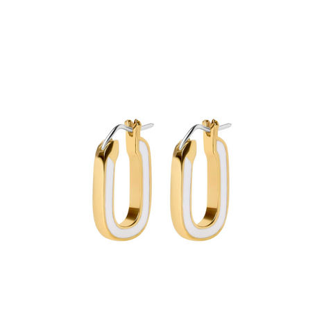 Gold and white hoop earrings on a white background