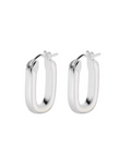 Pair of silver hoop earrings on a white background