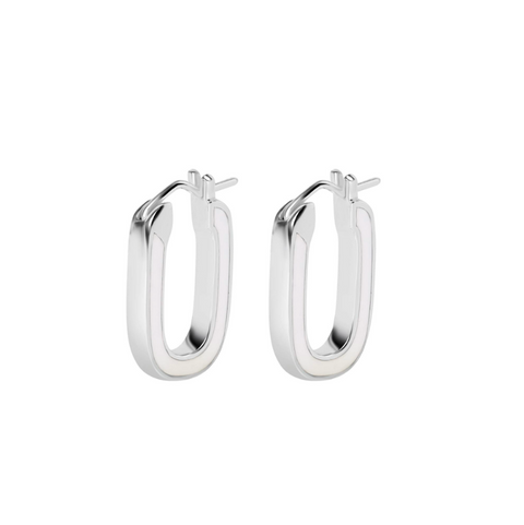 Pair of silver hoop earrings on a white background