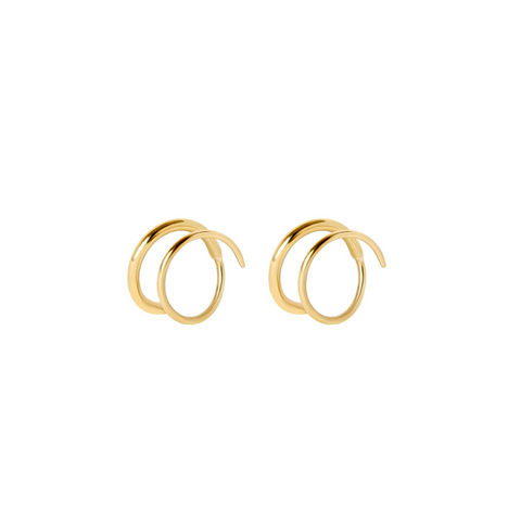 Pair of gold spiral earrings on a white background