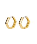 Gold hexagonal hoop earrings on a white background