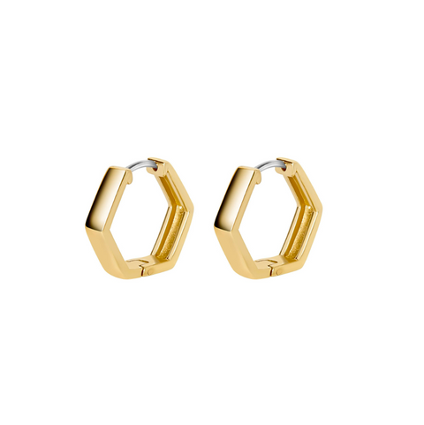 Gold hexagonal hoop earrings on a white background
