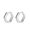 Pair of silver hexagonal hoop earrings on a white background