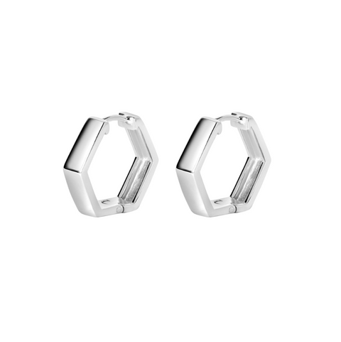 Pair of silver hexagonal hoop earrings on a white background