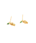 Gold earrings with green gemstones on a white background
