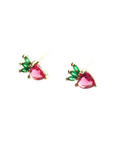 strawberry-shaped earrings with pink and green gemstones on a white background