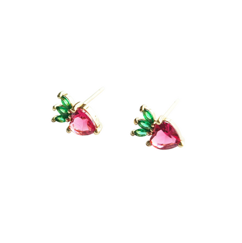strawberry-shaped earrings with pink and green gemstones on a white background
