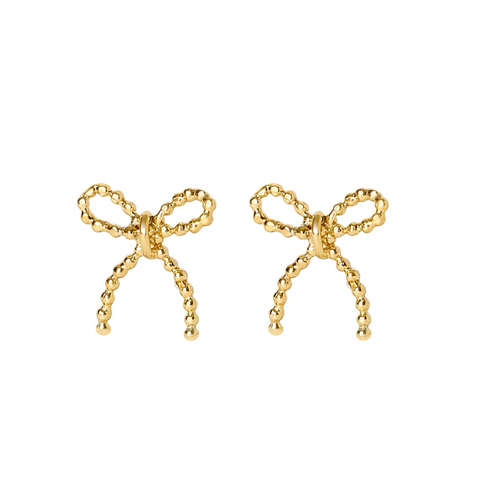 Gold bow-shaped earrings on a white background
