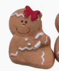Two gingerbread cookie-shaped figurines with decorative elements on a white background