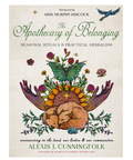 Book cover of 'The Apothecary of Belonging' with a butterfly and floral design on a white background.