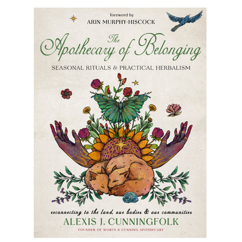 Book cover of 'The Apothecary of Belonging' with a butterfly and floral design on a white background.
