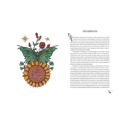 Product page for 'The Apothecary' with a butterfly and sunflower illustration on a white background.