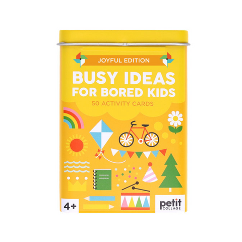 Product page for 'Busy Ideas for Bored Kids' by Petit Collage with a yellow box on a white background.