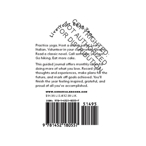 Back cover of a book titled 'Best Year Yet' by Chronicle Books with product details.