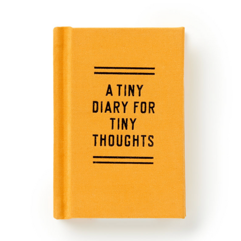 Yellow diary with 'A Tiny Diary for Tiny Thoughts' text on a white background, displayed on a website.