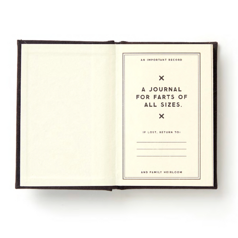 Product page for 'A Tiny Fart Diary' with an open book showing text, Brass Monkey branding, and product details.