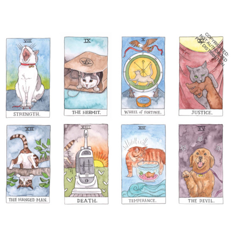 Cat Tarot card set with illustrations on a white background