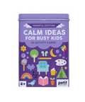 Product page for 'Calm Ideas for Busy Kids' activity cards by Petit College on a white background.