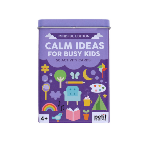 Product page for 'Calm Ideas for Busy Kids' activity cards by Petit College on a white background.