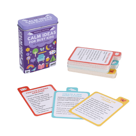 Product page for Petit Collage calm ideas cards with packaging and cards displayed.