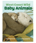Book cover of 'West Coast Wild Baby Animals' with two baby animals on a blanket, displayed on a website.