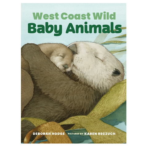 Book cover of 'West Coast Wild Baby Animals' with two baby animals on a blanket, displayed on a website.