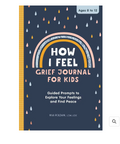 Book titled 'How I Feel Grief Journal for Kids' with a rainbow design on a dark blue background.