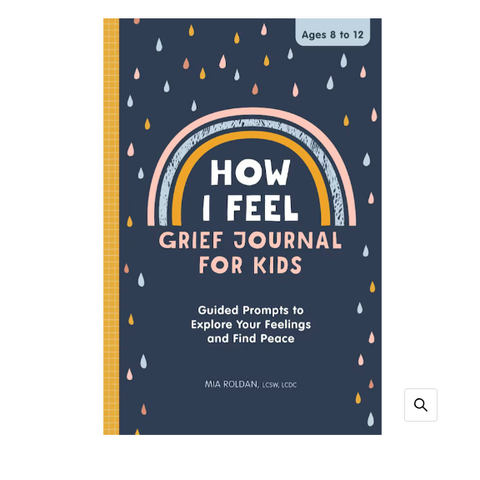 Book titled 'How I Feel Grief Journal for Kids' with a rainbow design on a dark blue background.
