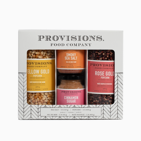 Provisions Food Company gift set with four popcorn flavors in a box.