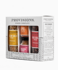 Provisions Food Company packaging with four small bottles of popcorn seasoning.