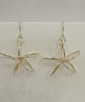 Pair of silver star-shaped earrings on a light gray background