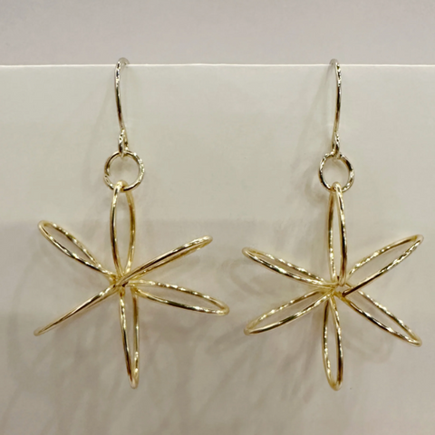 Gold star-shaped earrings on a beige card