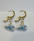 Pair of earrings with blue and gold design on a white background
