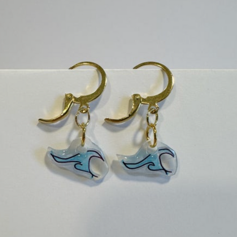 Pair of earrings with blue and gold design on a white background