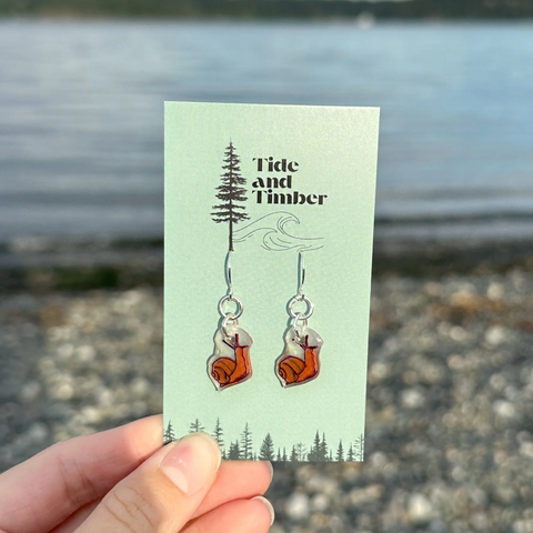 Earring card with 'Tide and Timber' branding held by a hand against a beach background