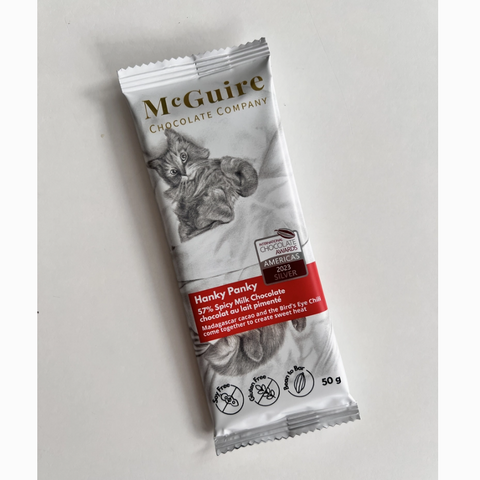 McGuire Chocolate Company honey pankey chocolate bar on a light gray background