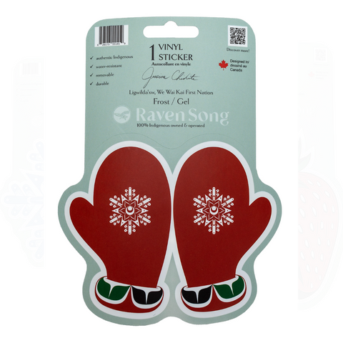 Packaged vinyl sticker of red mittens with snowflake design on a light gray background