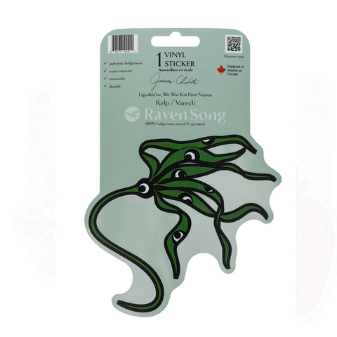 Vinyl sticker packaging with a green octopus design on a light gray background