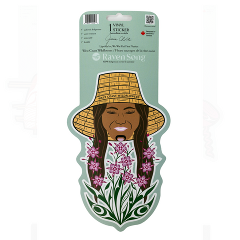 Sticker with a design of a person wearing a hat and surrounded by flowers, on a white background.