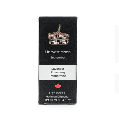 Harvest Moon diffuser oil packaging with black background and white text.