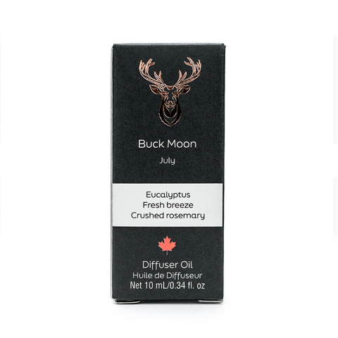 Buck Moon diffuser oil packaging with deer logo on a white background