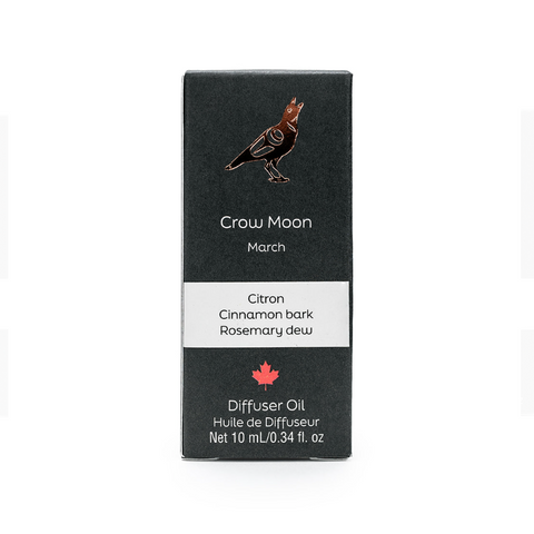 Crow Moon diffuser oil packaging with a bird illustration on a white background