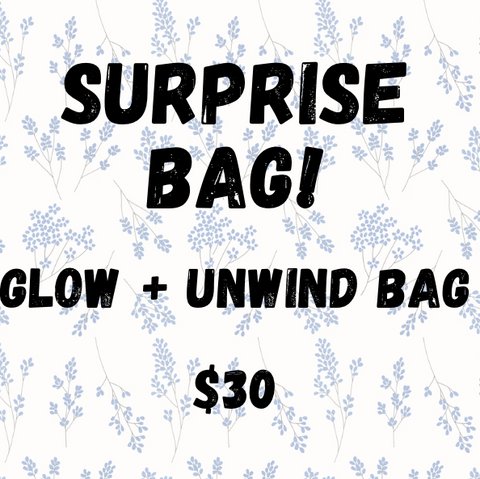 Promotional graphic for a 'Surprise Bag' with text and floral pattern
