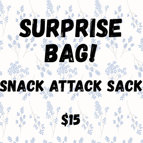 Promotional graphic for a 'Snack Attack Sack' with text and floral pattern